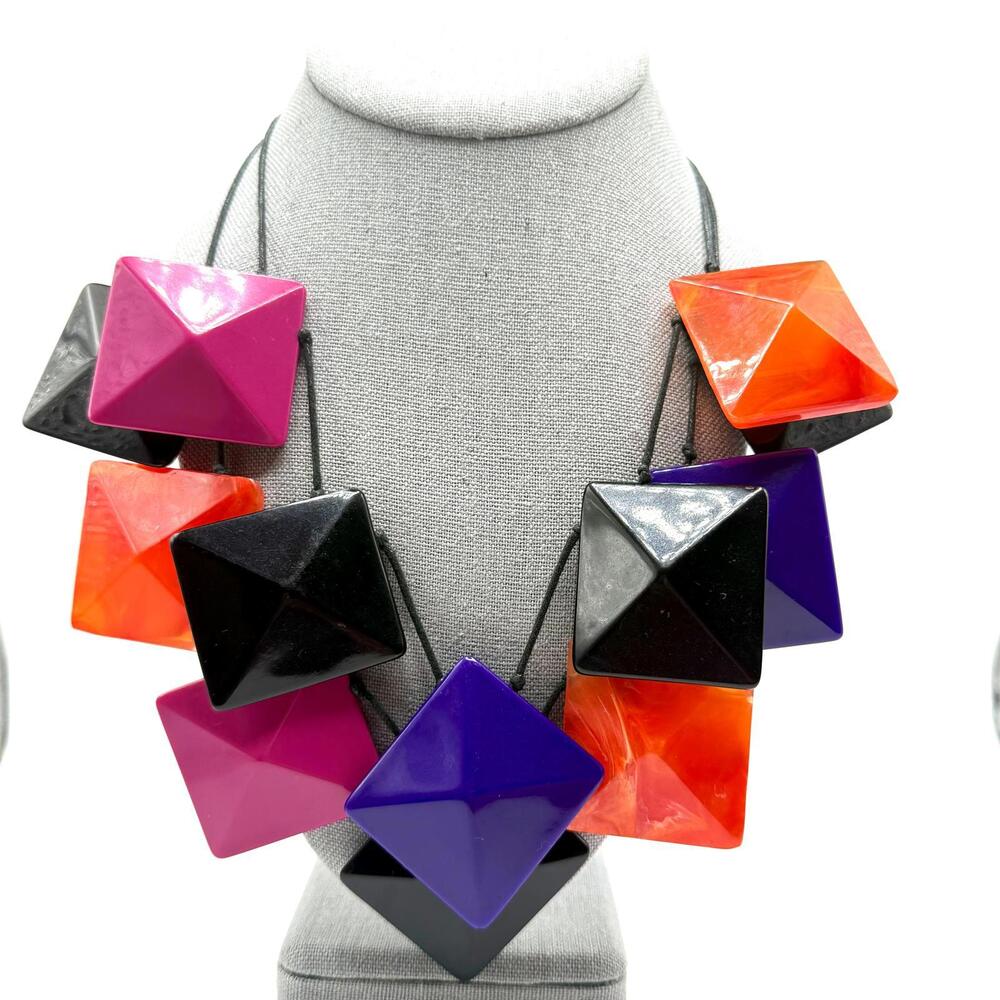 Vintage Colorful Lucite Multistrand Layered Statement Necklace with Square Beads